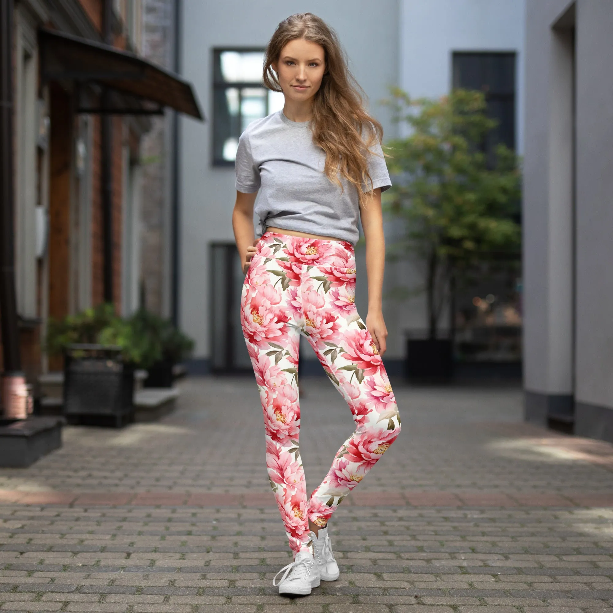 Pink Flowers Yoga Leggings Women, Peony Floral High Waisted Pants Cute Printed Graphic Workout Running Gym Designer