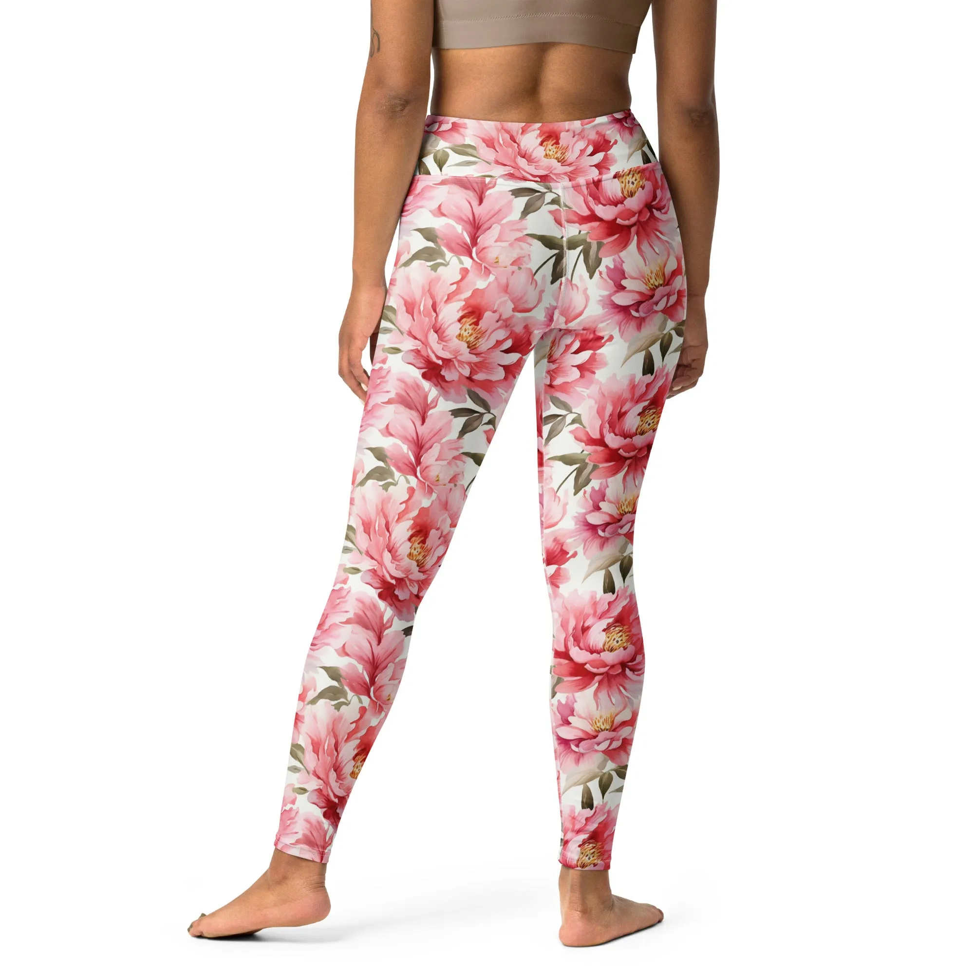 Pink Flowers Yoga Leggings Women, Peony Floral High Waisted Pants Cute Printed Graphic Workout Running Gym Designer