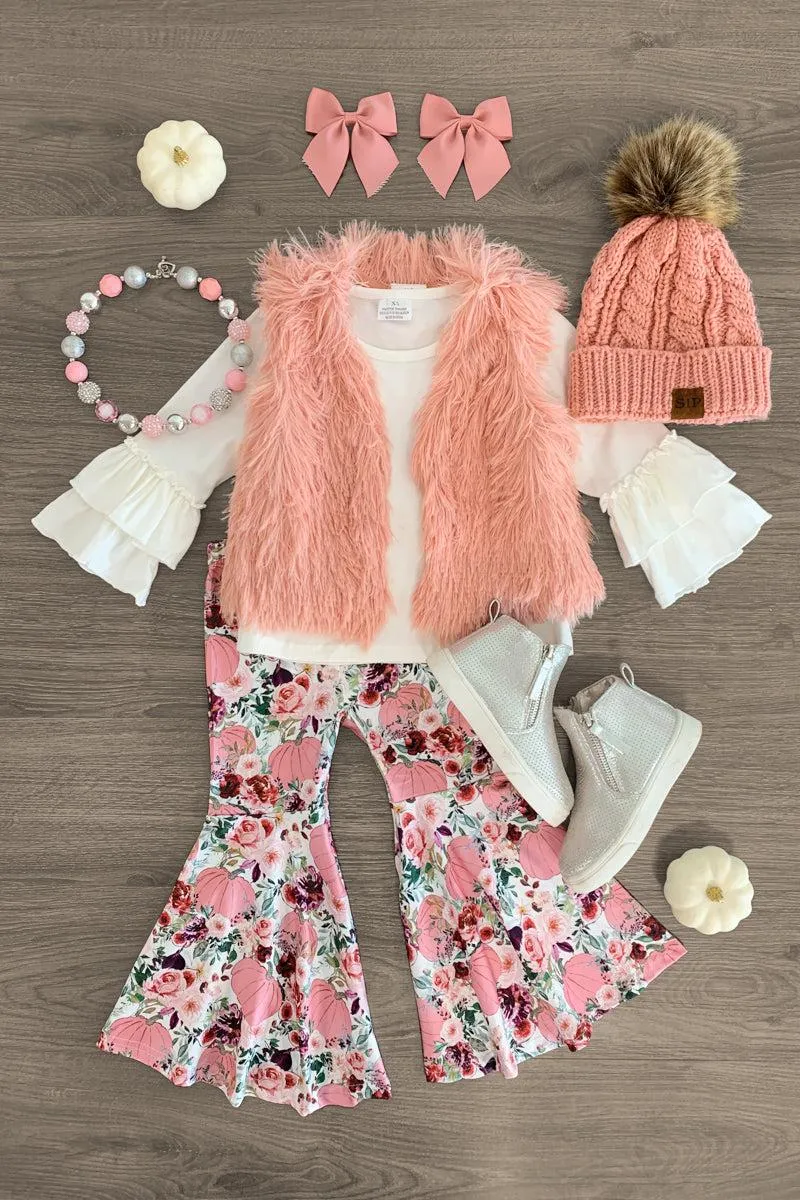 Pink Pumpkin Floral Bell Bottom Fur Vest Set