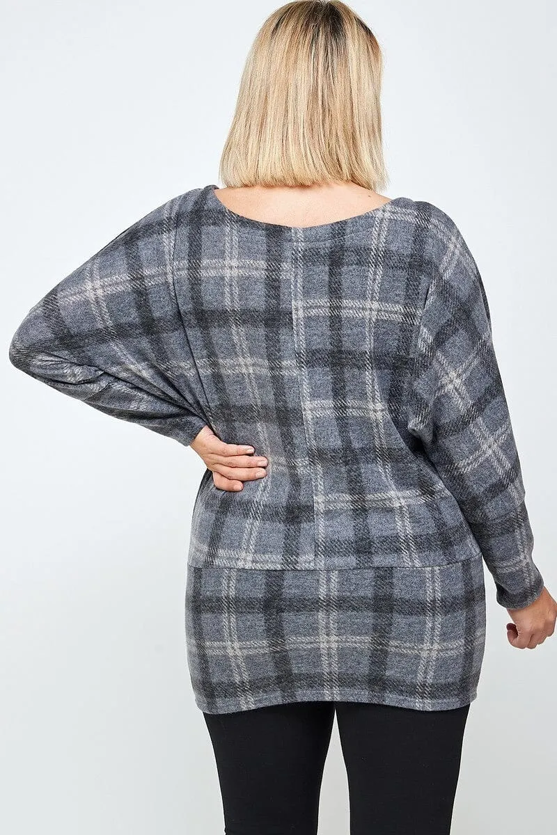 Plus Size Boat Neck Grey Plaid Print Tunic Top With Long Dolman Sleeves