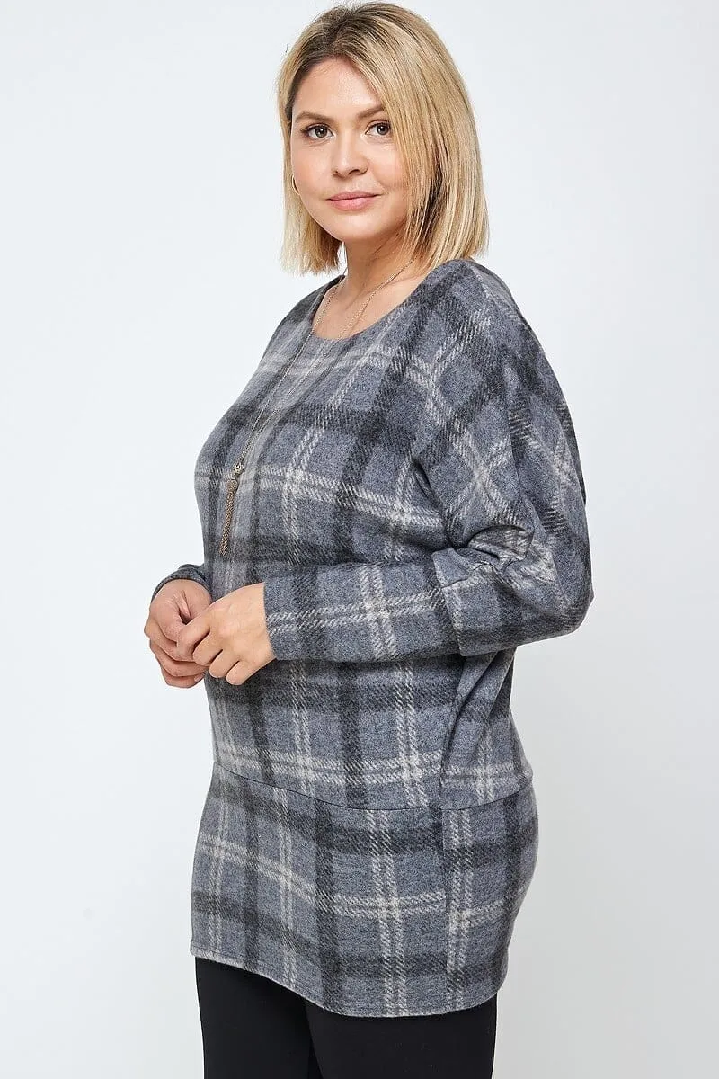 Plus Size Boat Neck Grey Plaid Print Tunic Top With Long Dolman Sleeves