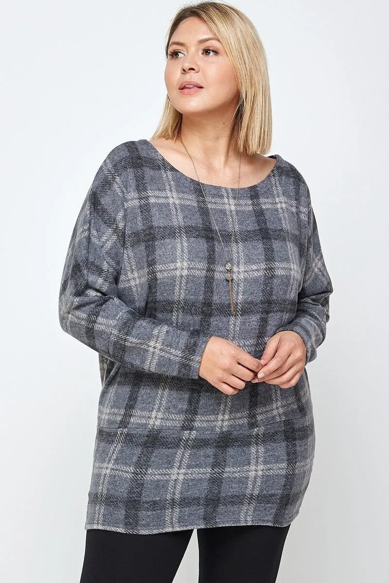 Plus Size Boat Neck Grey Plaid Print Tunic Top With Long Dolman Sleeves