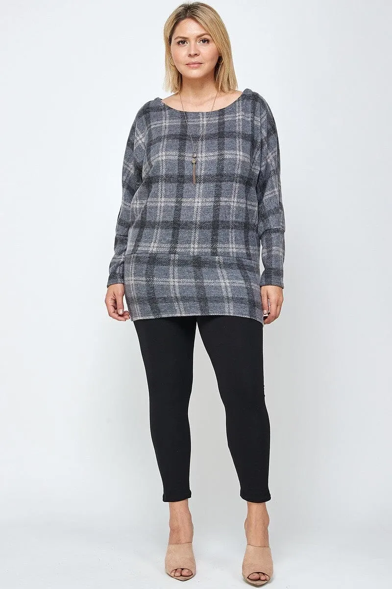 Plus Size Boat Neck Grey Plaid Print Tunic Top With Long Dolman Sleeves