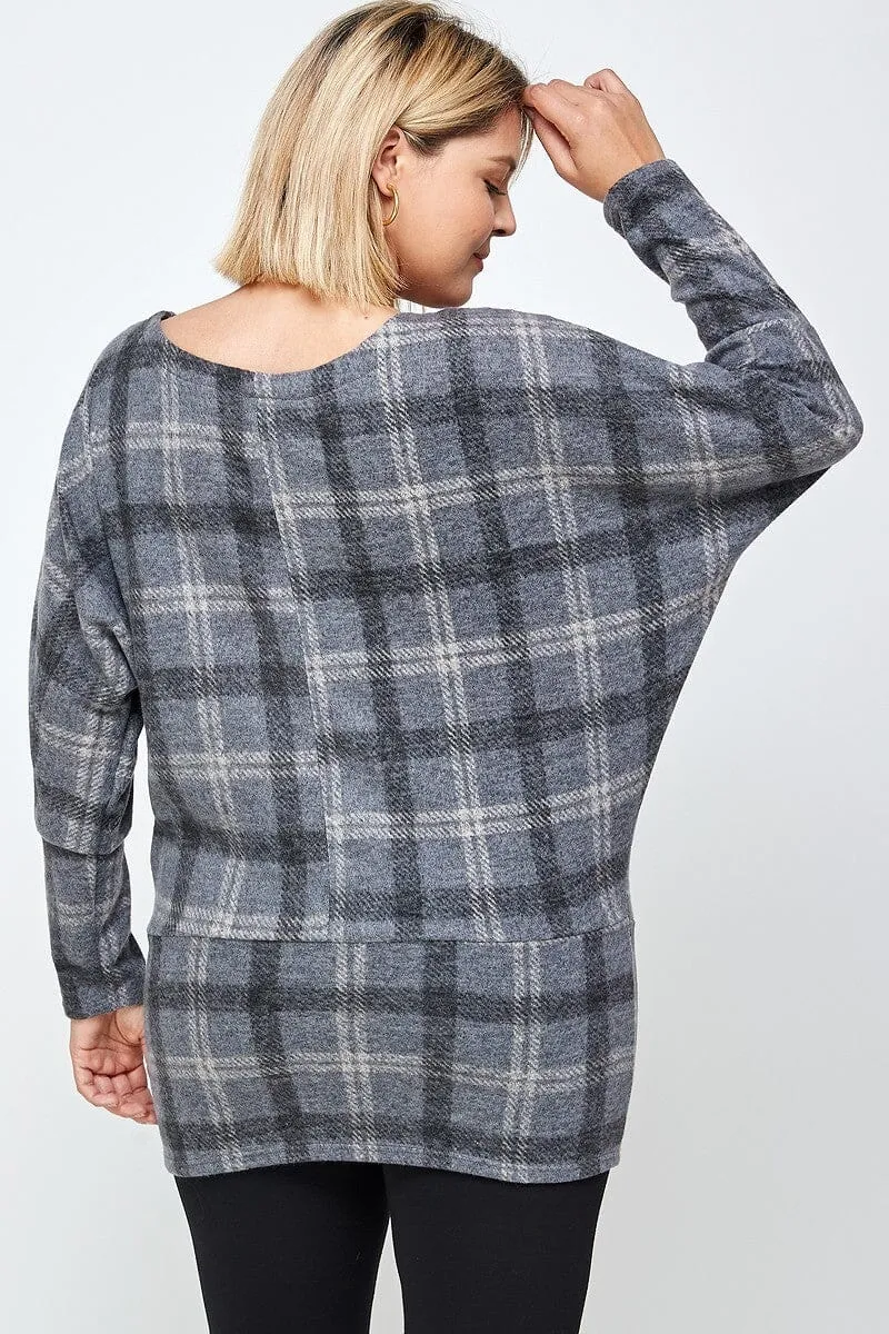 Plus Size Boat Neck Grey Plaid Print Tunic Top With Long Dolman Sleeves