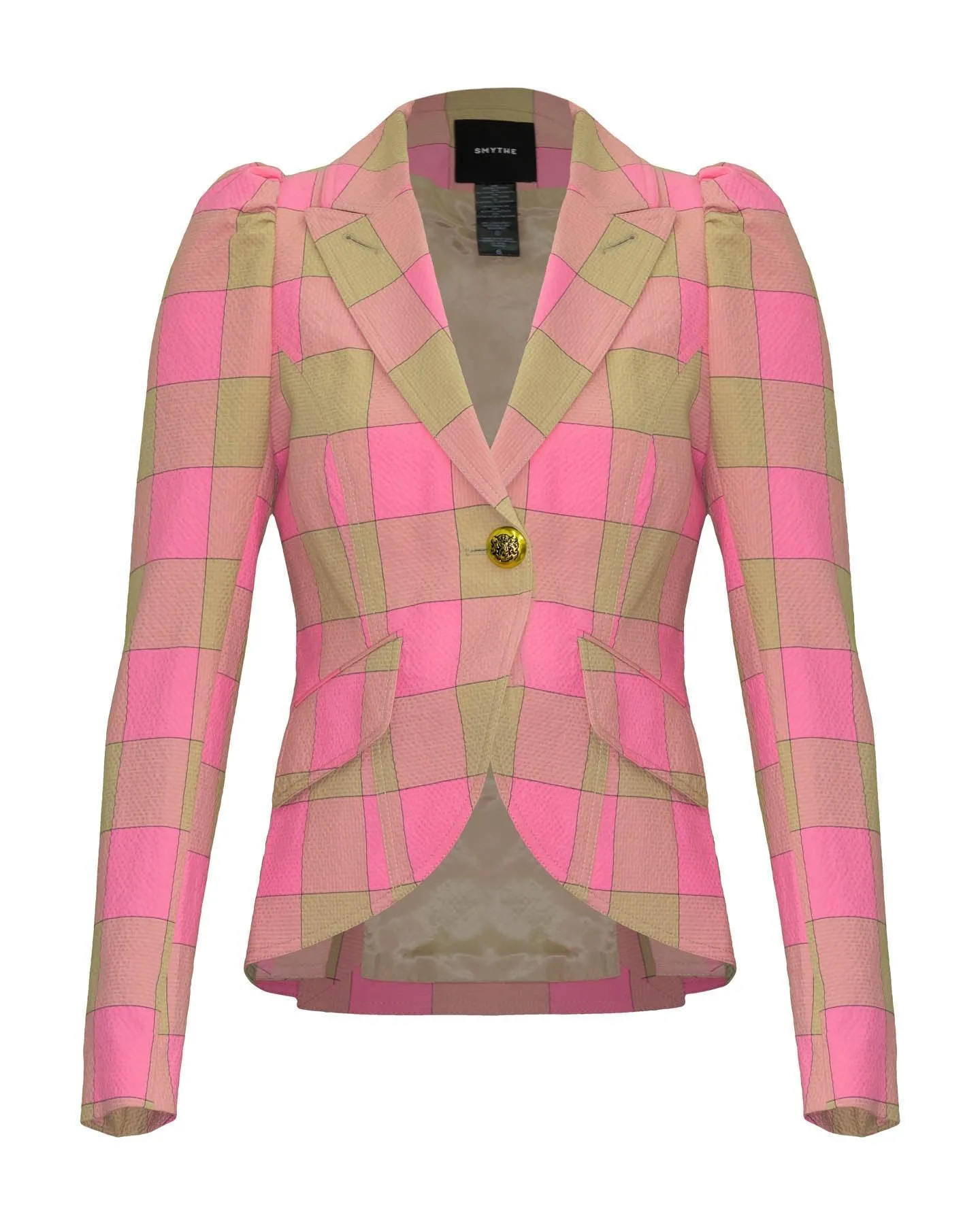 Pouf Sleeve One Button Blazer Pink Check