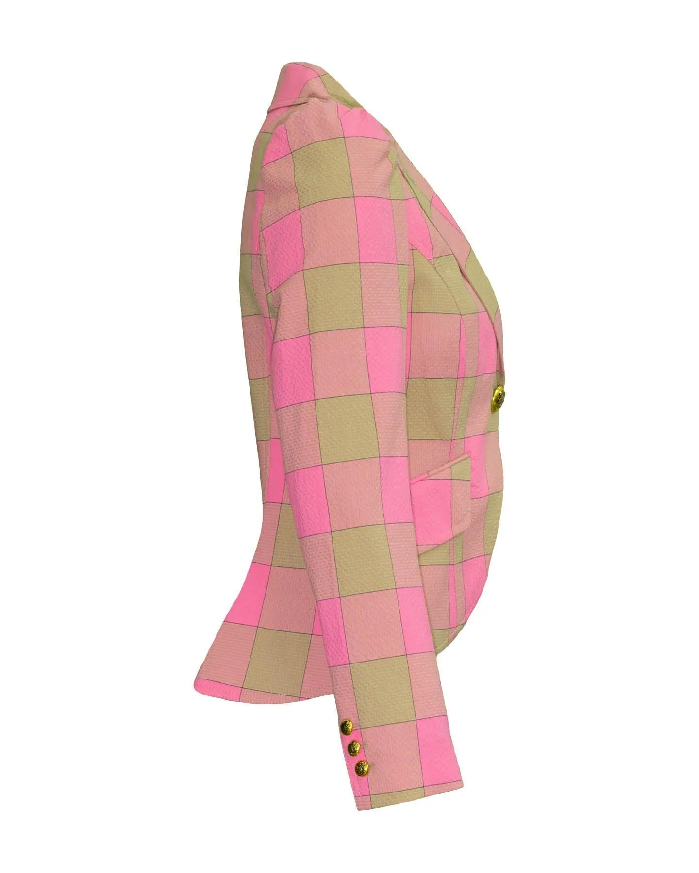 Pouf Sleeve One Button Blazer Pink Check