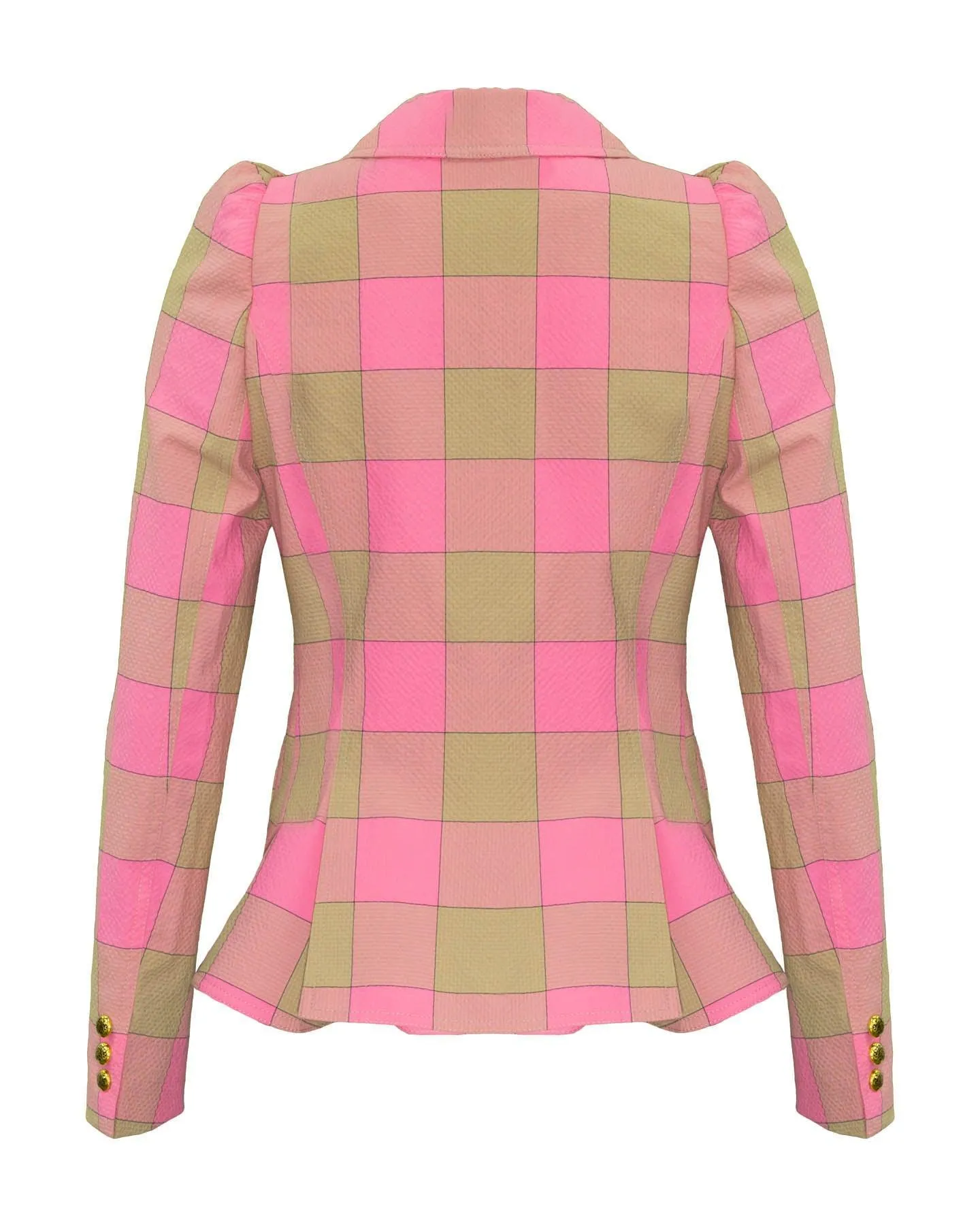 Pouf Sleeve One Button Blazer Pink Check