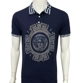 Premium GG Men's Blue Polo printed pattern With Stone