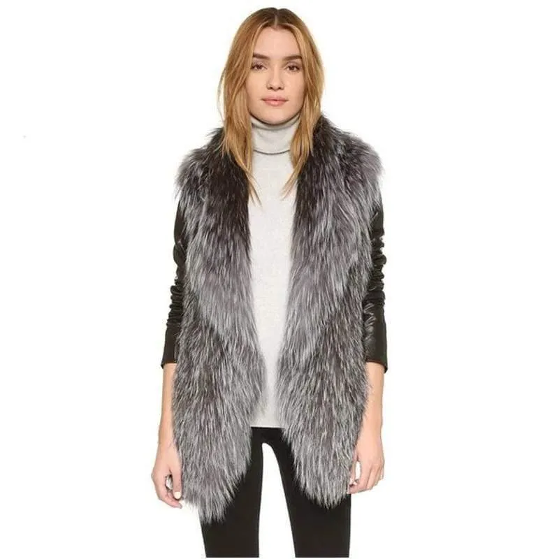 Real Knit Silver Fox Fur Vest With Collar