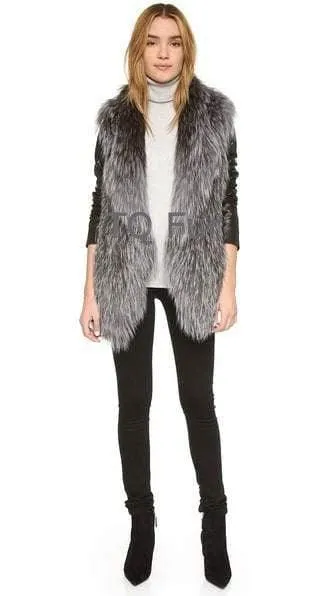 Real Knit Silver Fox Fur Vest With Collar