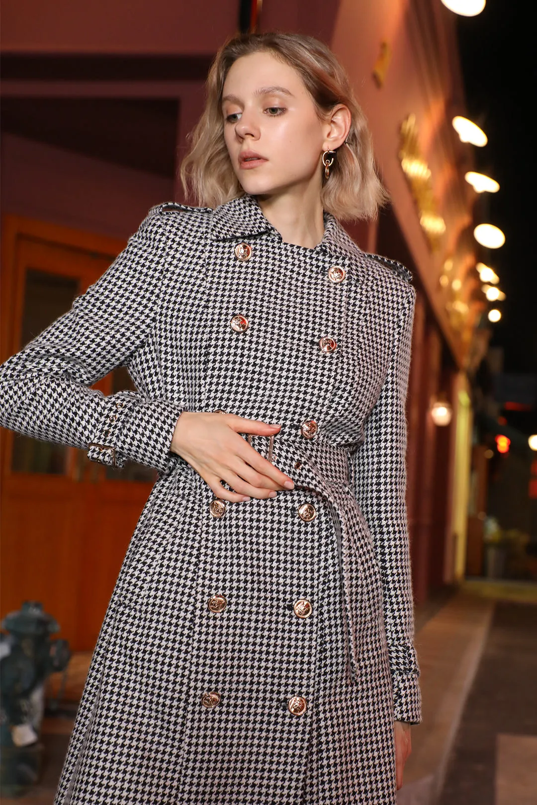 Retro long sleeve coat | Houndstooth long sleeve coat | Street style long-sleeved coat