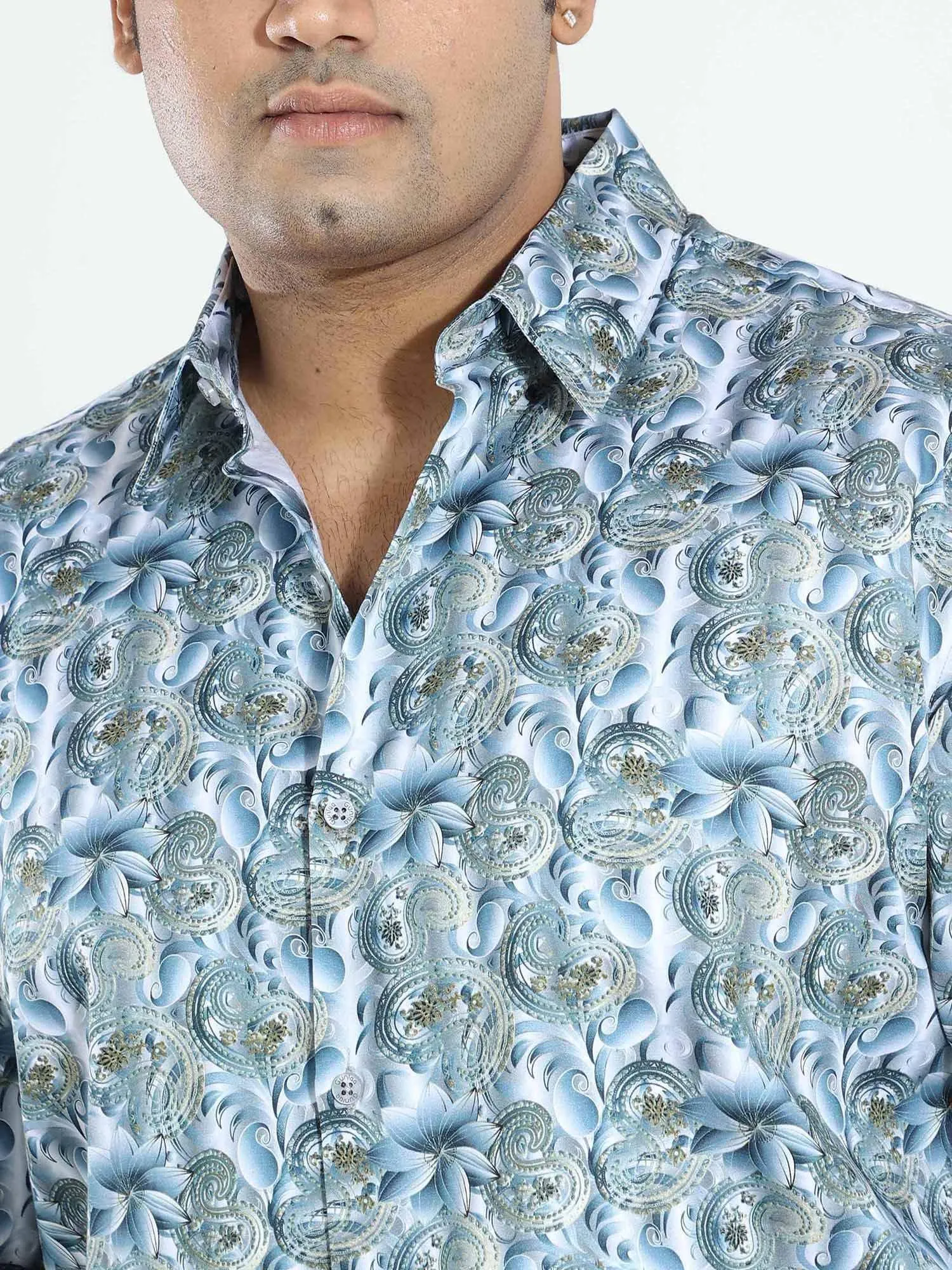 Royal White Blue Diamond Printed Silk Full Shirt Men's Plus Size