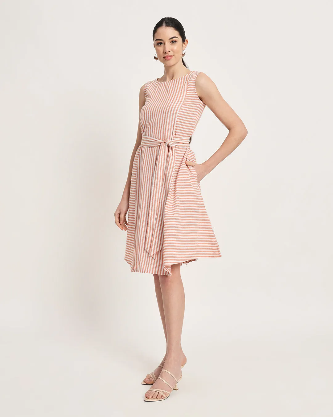 Rustic Charm Stripes A-Line Tie-Belt Dress