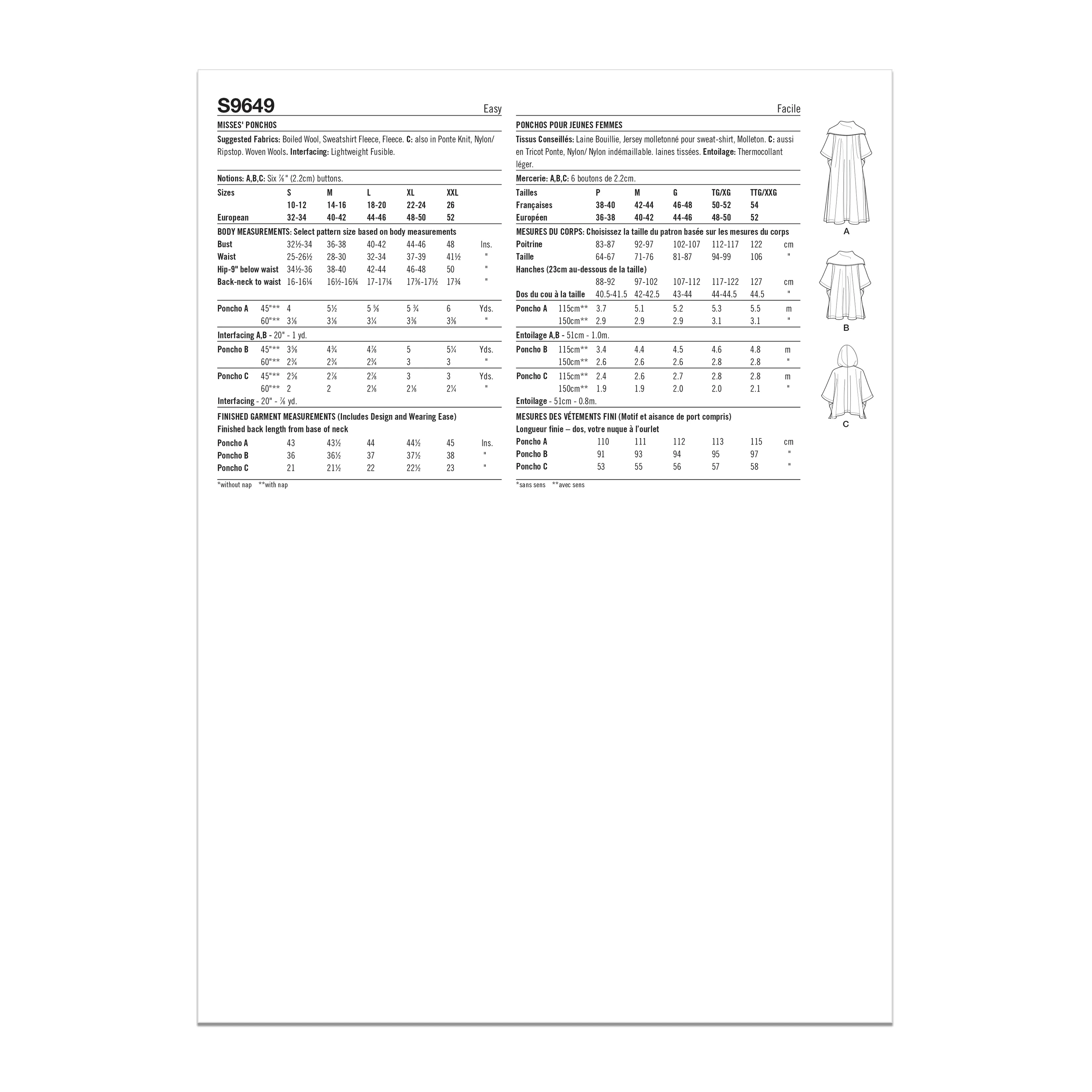 Simplicity Pattern S9649A Misses' Ponchos