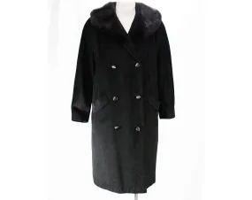 Size 10 Black Coat with Mink Collar - Haute Quality 1950s 60s Winter Overcoat with Fur Trim - Double Breasted - Luxurious Wool - Bust 37