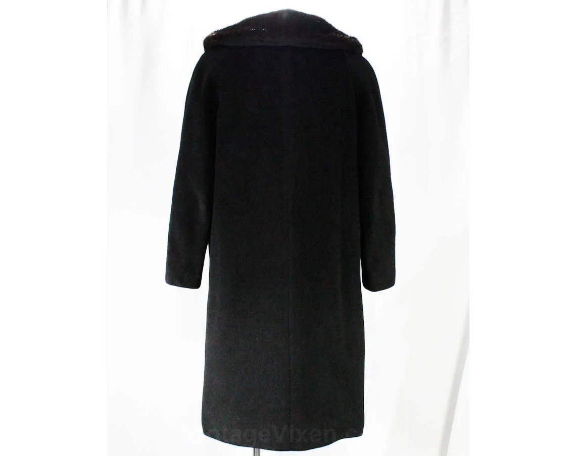 Size 10 Black Coat with Mink Collar - Haute Quality 1950s 60s Winter Overcoat with Fur Trim - Double Breasted - Luxurious Wool - Bust 37