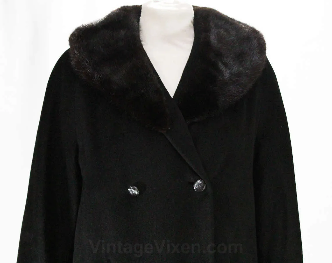 Size 10 Black Coat with Mink Collar - Haute Quality 1950s 60s Winter Overcoat with Fur Trim - Double Breasted - Luxurious Wool - Bust 37