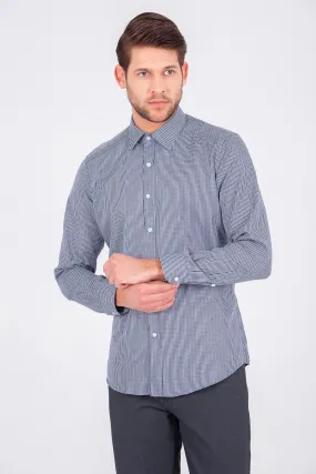 Slim Fit Micro Grid Cotton Blend Navy Dress Shirt