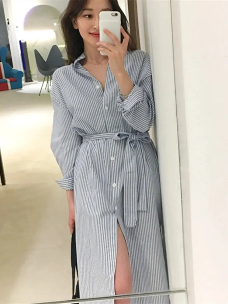 Striped Lace Up Cotton Linen Shirt Dress