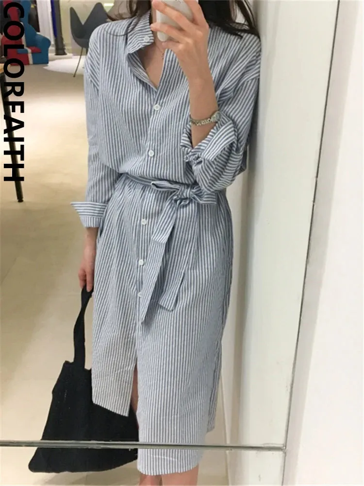 Striped Lace Up Cotton Linen Shirt Dress