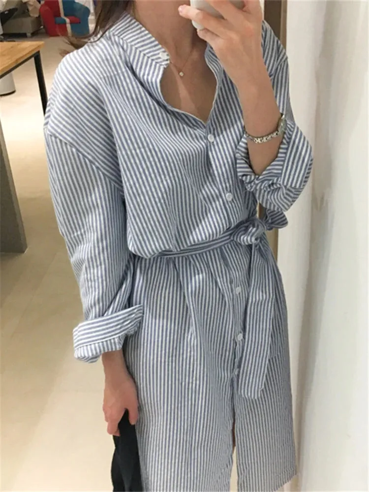 Striped Lace Up Cotton Linen Shirt Dress