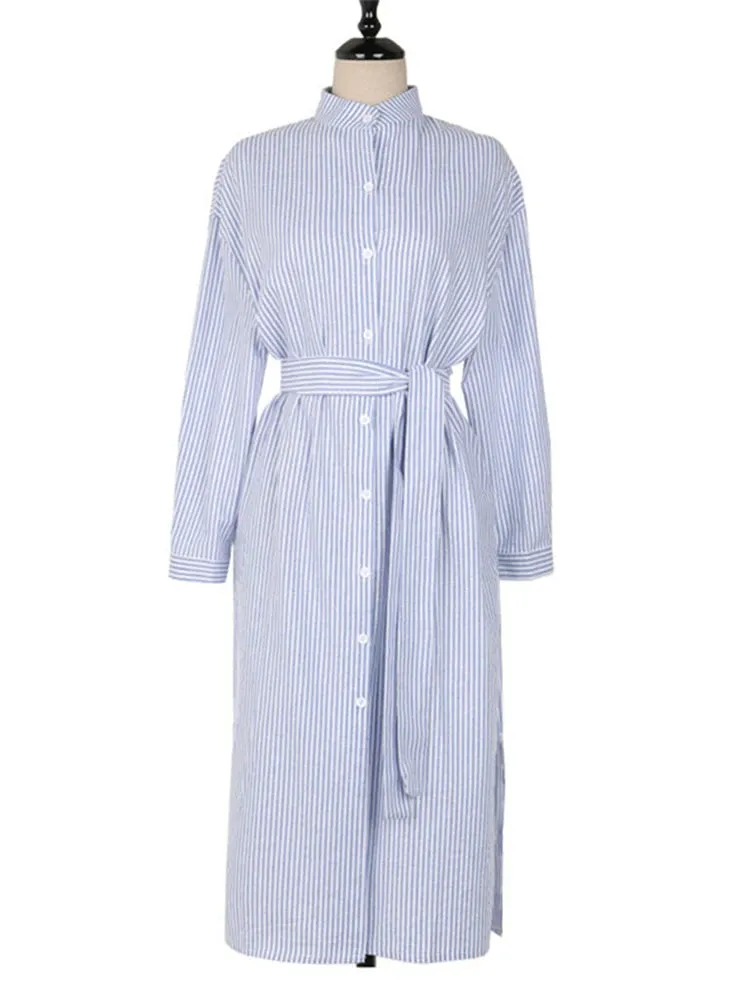 Striped Lace Up Cotton Linen Shirt Dress