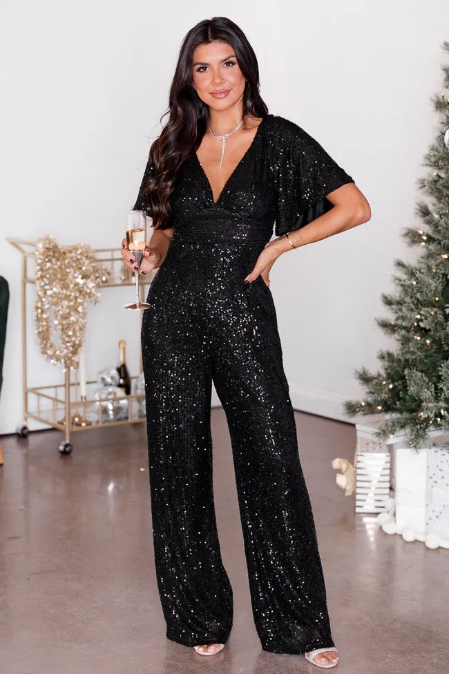 Tell It All Black V-Neck Sequin Flutter Sleeve Jumpsuit FINAL SALE