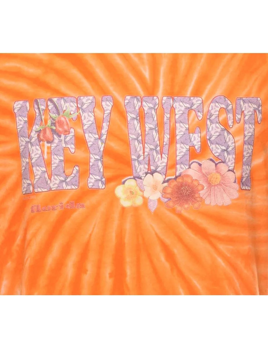 Tie Dye Design Orange Key West Printed T-shirt - L