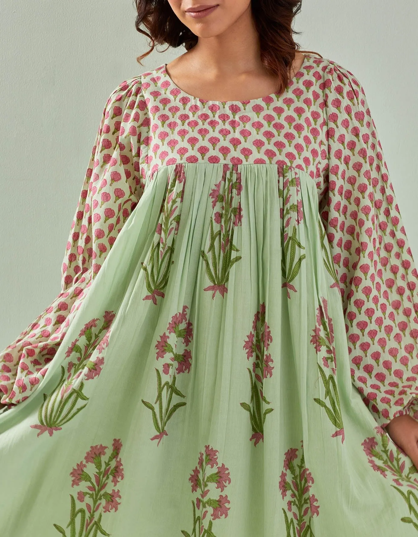 Timeless Charm: Elegant Green Hand-Block Printed Tunic