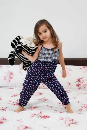 Toddler Girls Navy Floral & Plaid Print Back Button Up Detail Sleeveless Jumpsuit /2-2-2