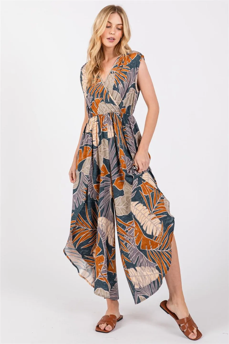 Tropical Leaves Split Let Jumpsuit