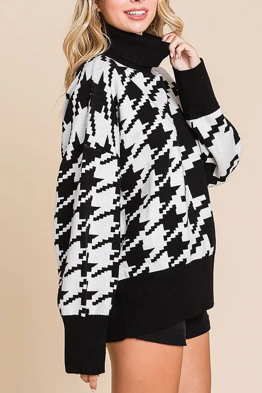 Turtleneck Houndstooth Knit OverSized Sweater