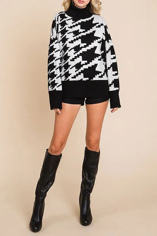 Turtleneck Houndstooth Knit OverSized Sweater