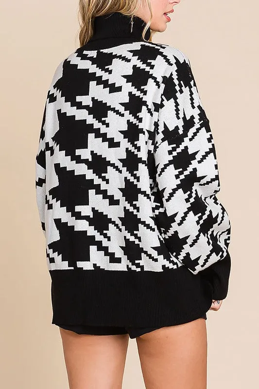 Turtleneck Houndstooth Knit OverSized Sweater