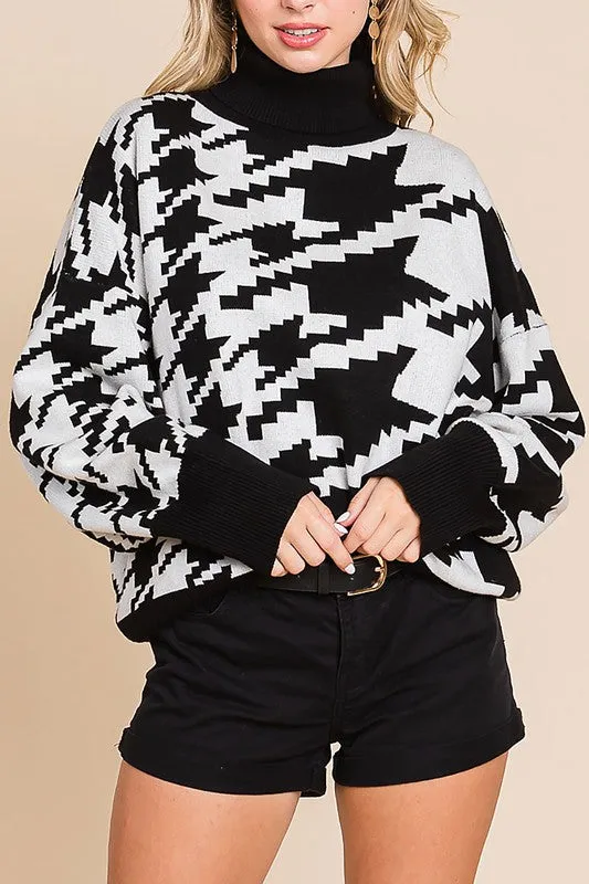 Turtleneck Houndstooth Knit OverSized Sweater