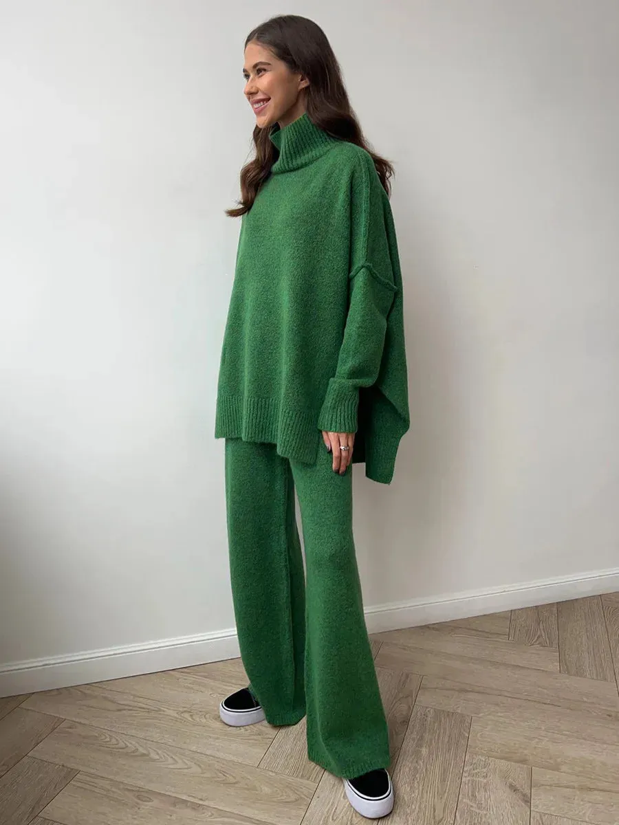 Turtleneck Loose Fit Long Sleeve Pullover High Waist Knitted Trouser Set