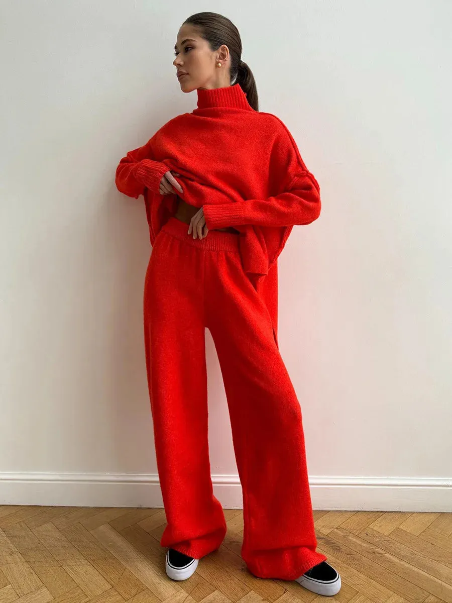 Turtleneck Loose Fit Long Sleeve Pullover High Waist Knitted Trouser Set