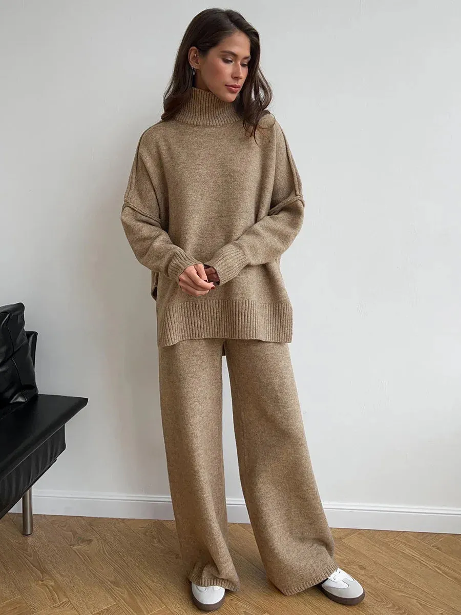 Turtleneck Loose Fit Long Sleeve Pullover High Waist Knitted Trouser Set