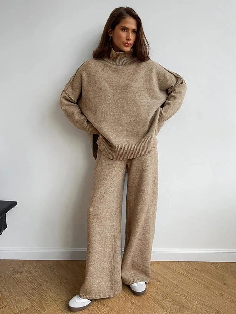 Turtleneck Loose Fit Long Sleeve Pullover High Waist Knitted Trouser Set