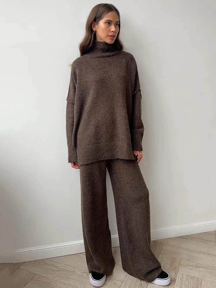 Turtleneck Loose Fit Long Sleeve Pullover High Waist Knitted Trouser Set