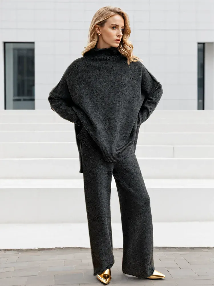 Turtleneck Loose Fit Long Sleeve Pullover High Waist Knitted Trouser Set