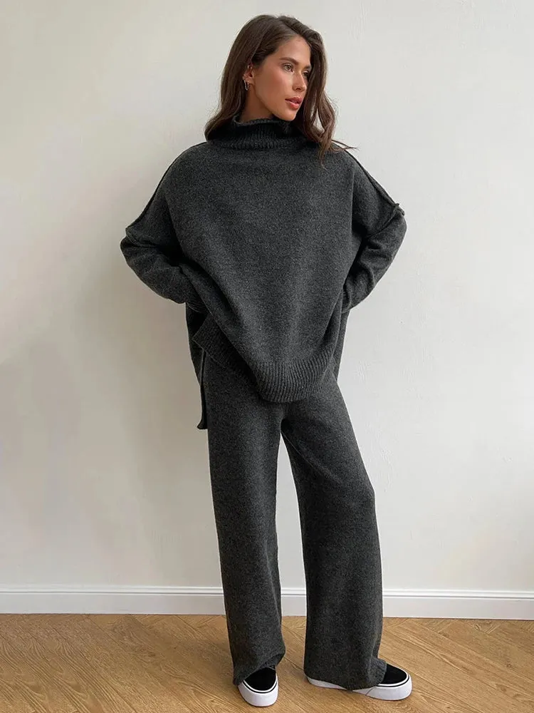 Turtleneck Loose Fit Long Sleeve Pullover High Waist Knitted Trouser Set