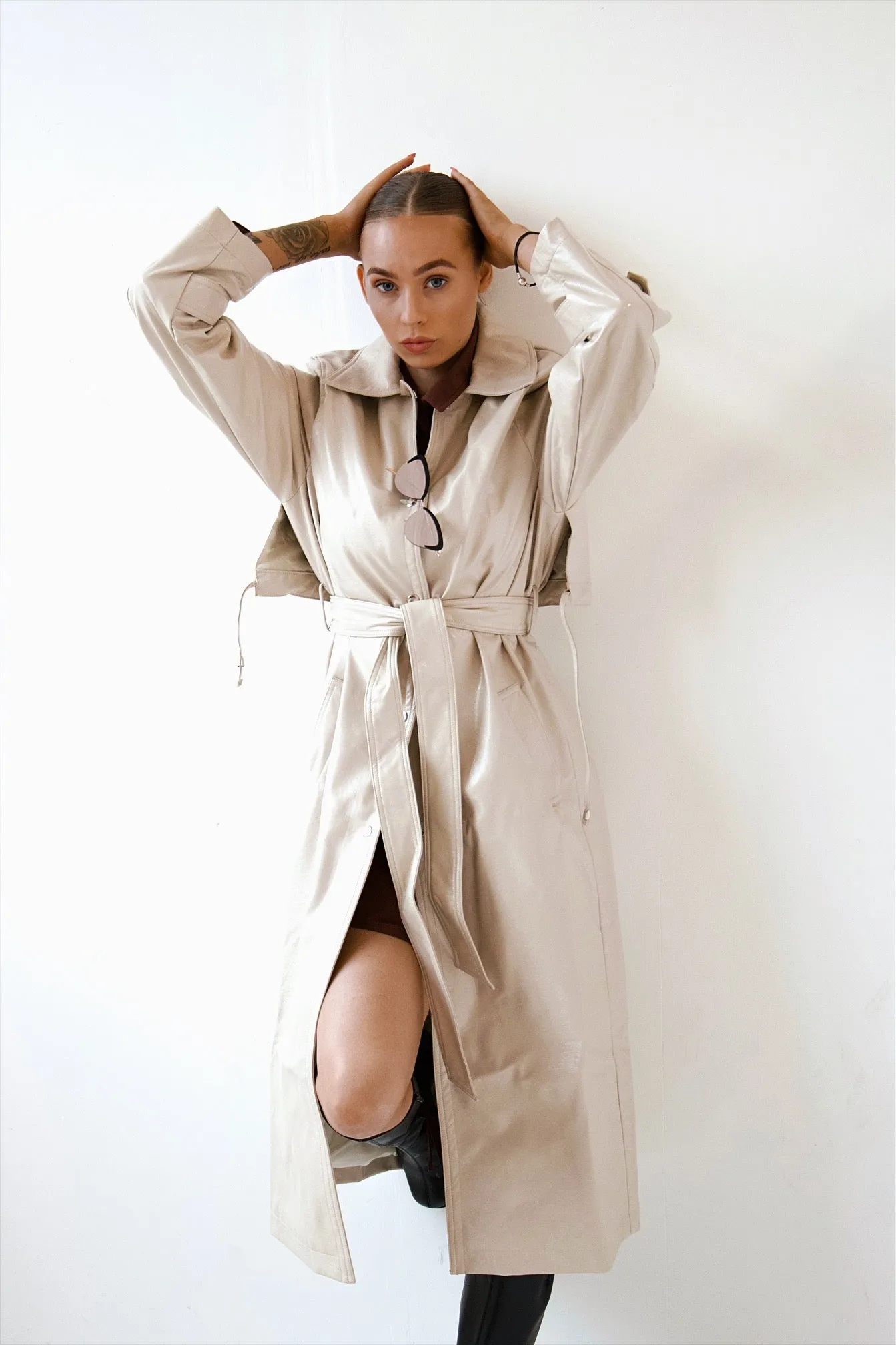 Two Toned PU Leather Trench Coat Nude