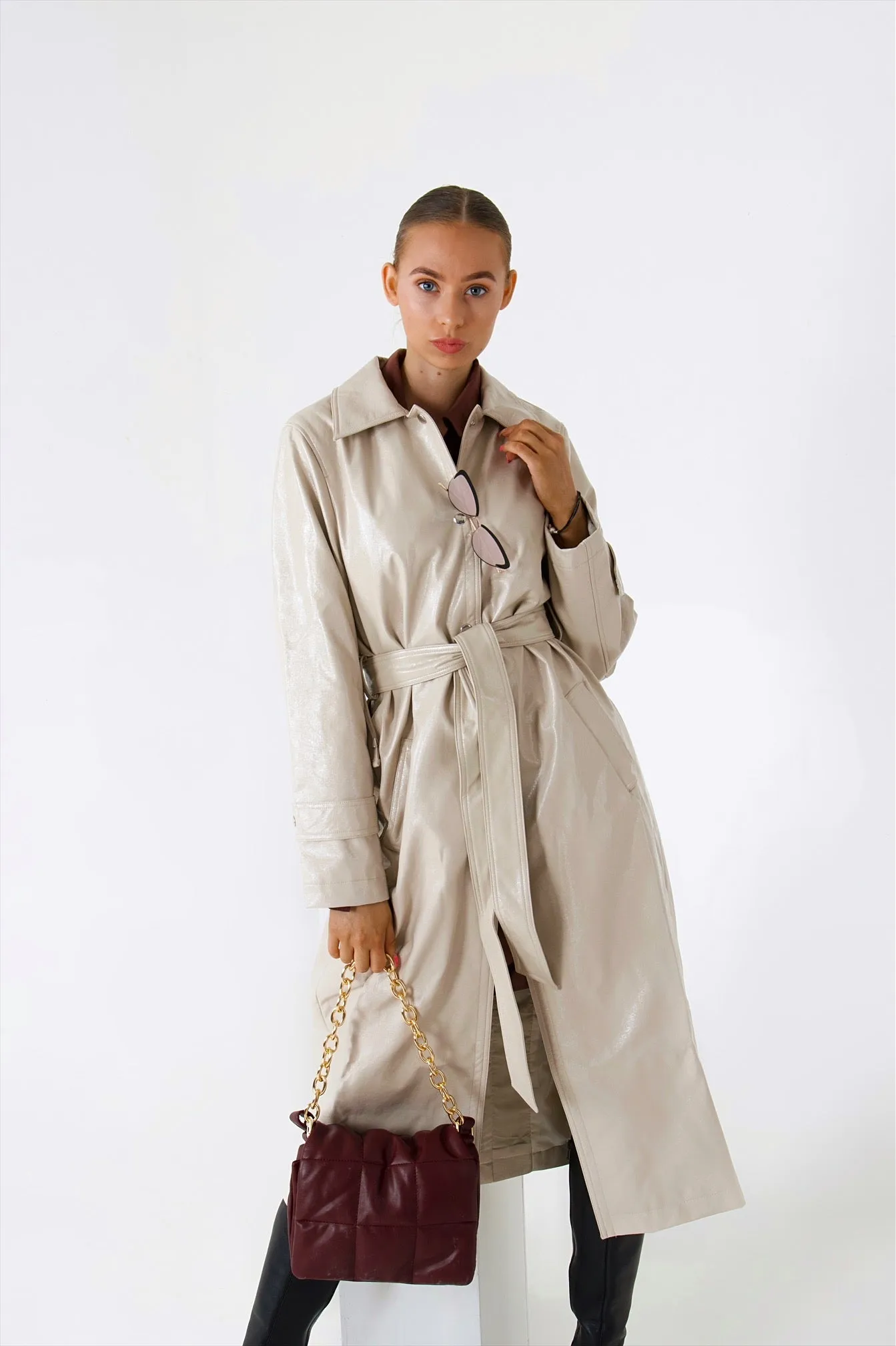 Two Toned PU Leather Trench Coat Nude