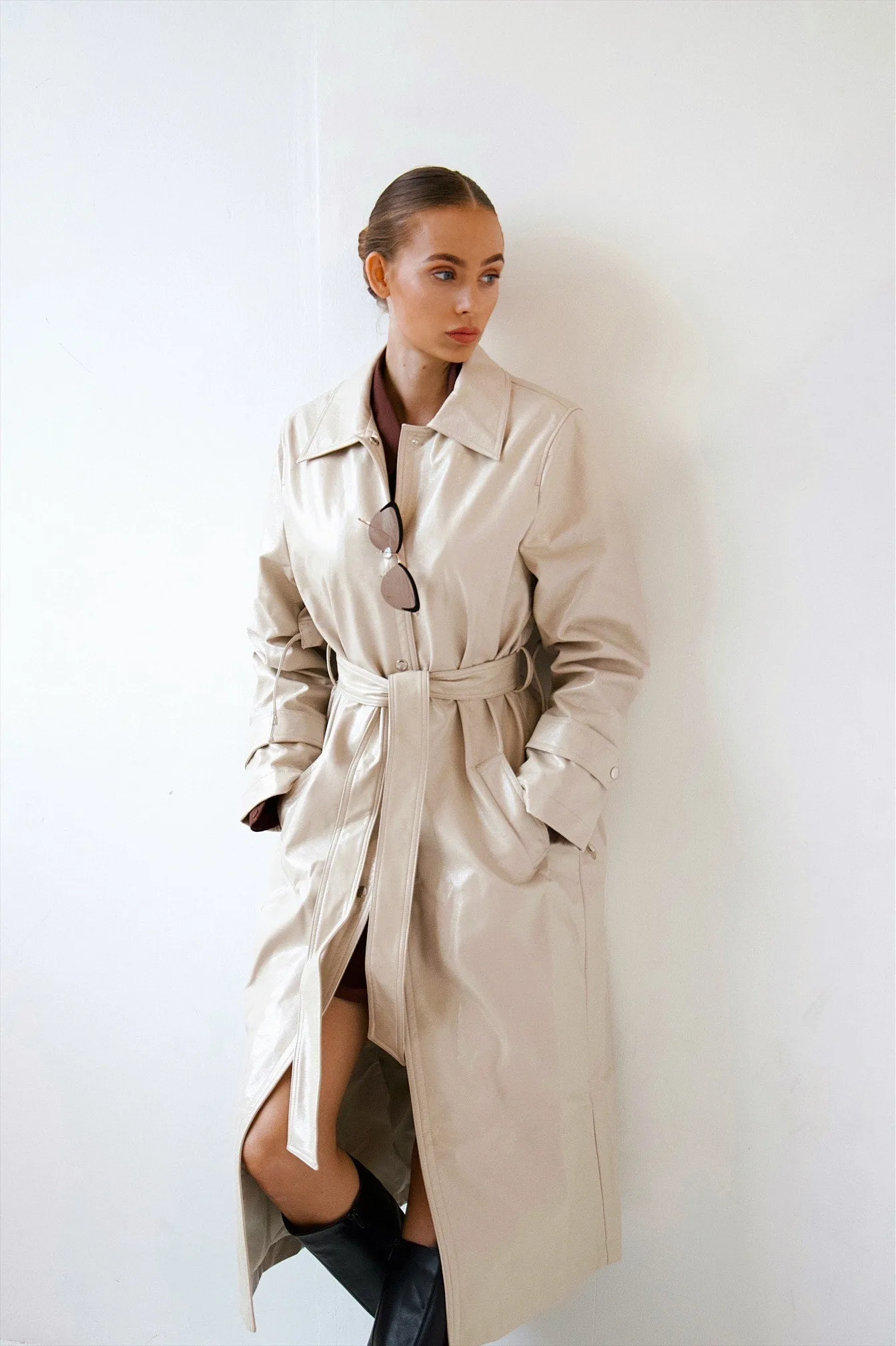 Two Toned PU Leather Trench Coat Nude