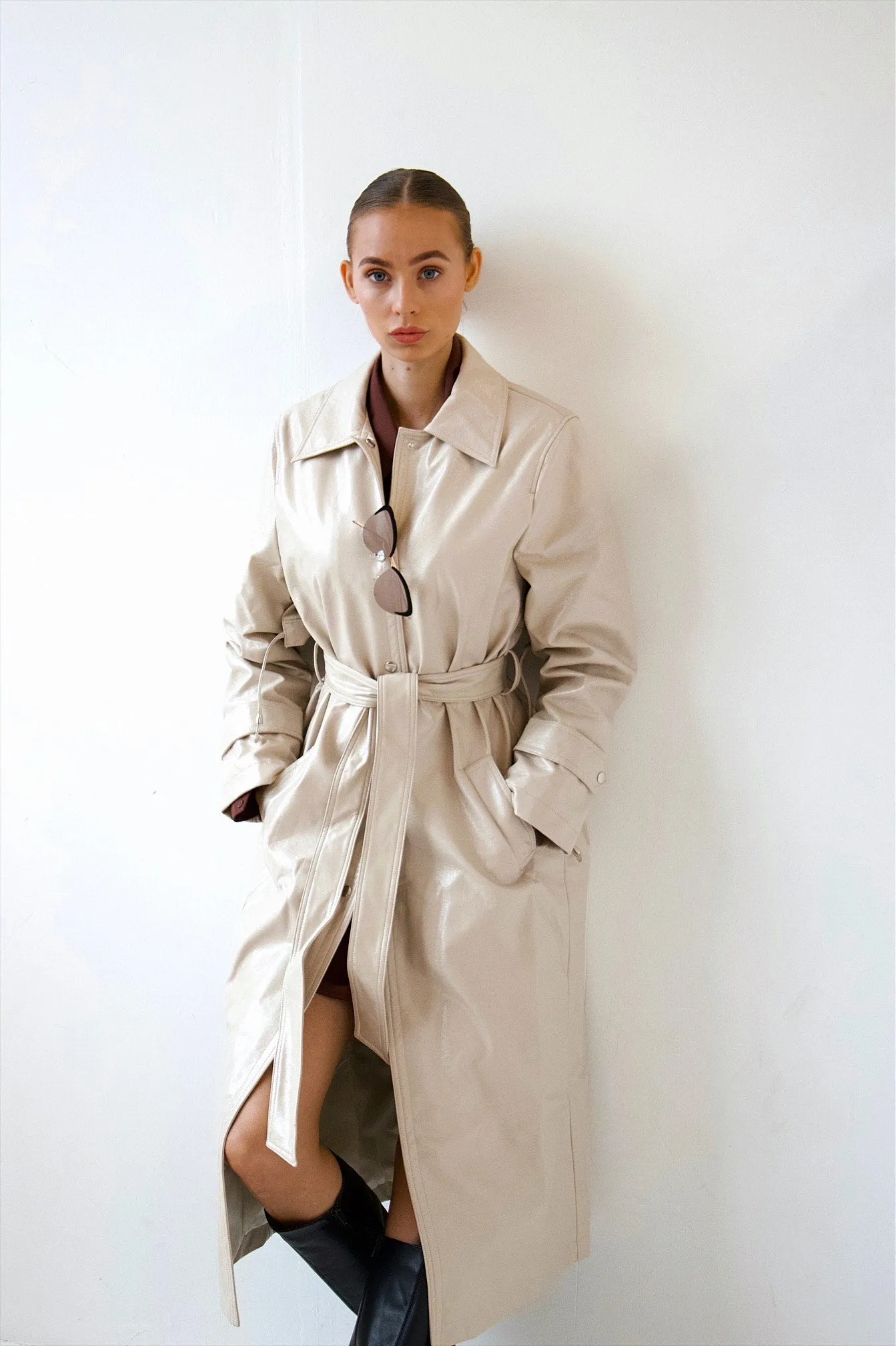 Two Toned PU Leather Trench Coat Nude