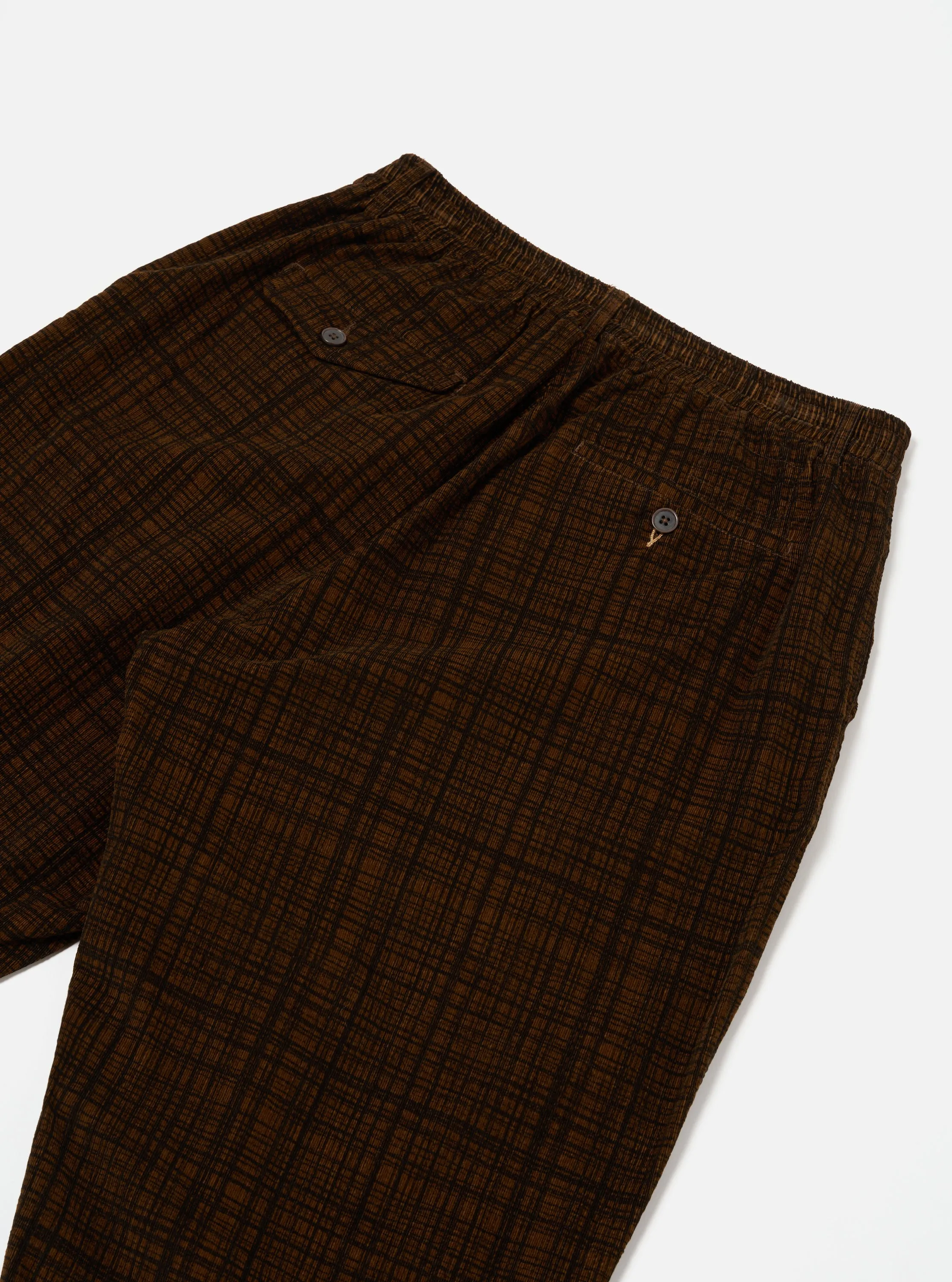 Universal Works Pleated Track Pant in Brown Check Cord Seersucker