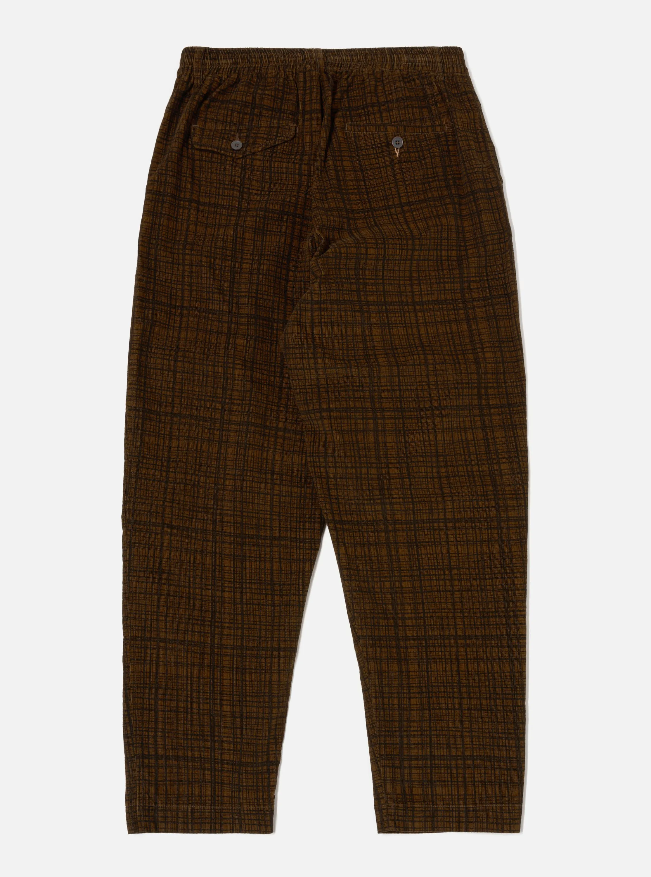 Universal Works Pleated Track Pant in Brown Check Cord Seersucker