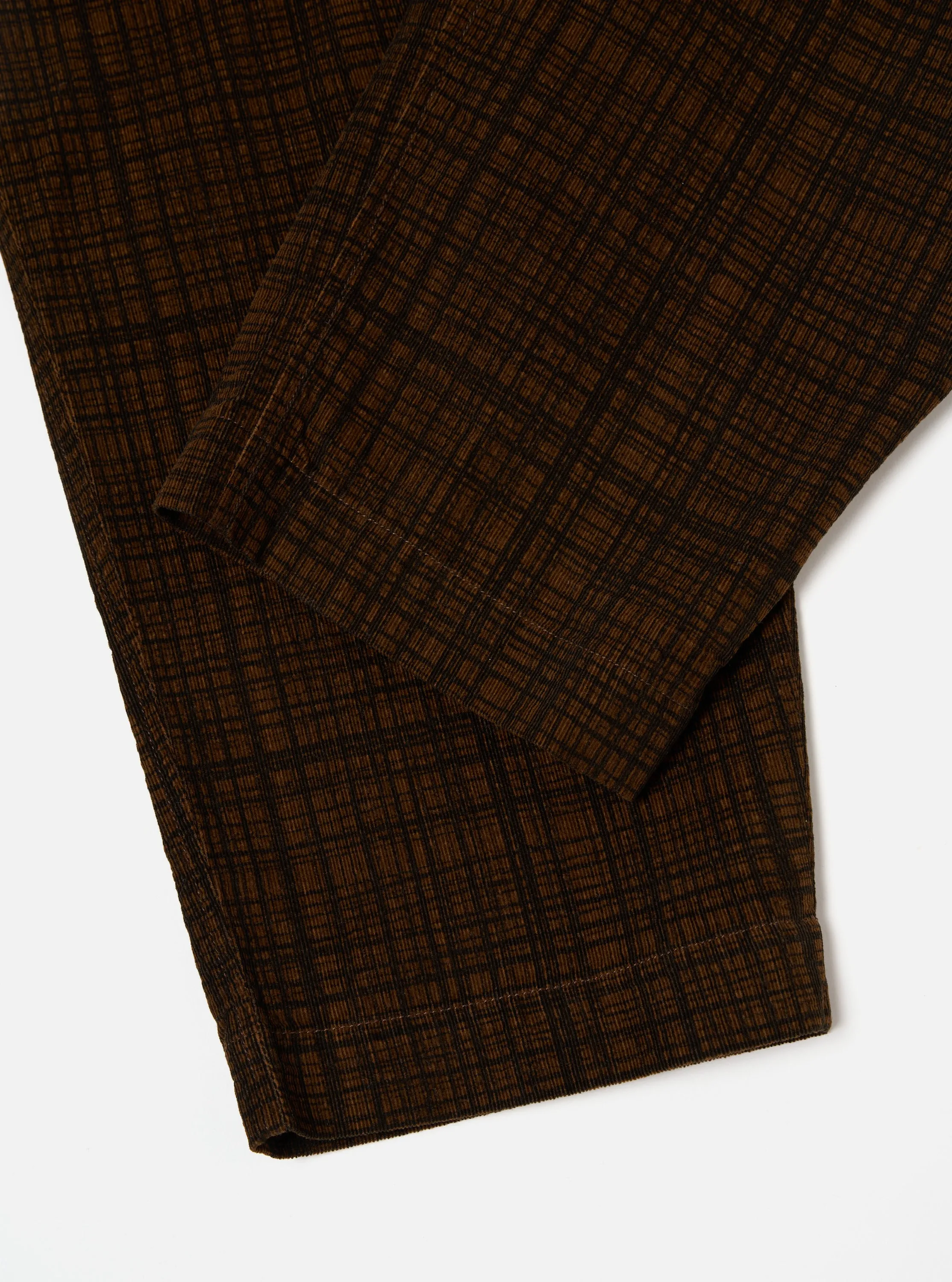 Universal Works Pleated Track Pant in Brown Check Cord Seersucker