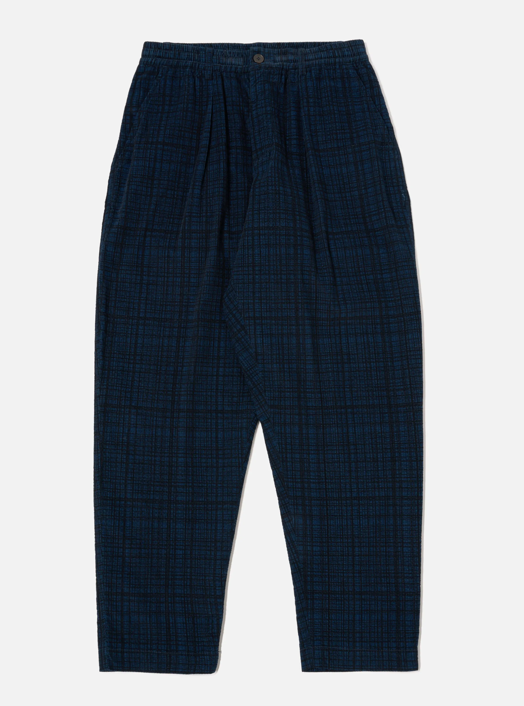 Universal Works Pleated Track Pant in Navy Check Cord Seersucker